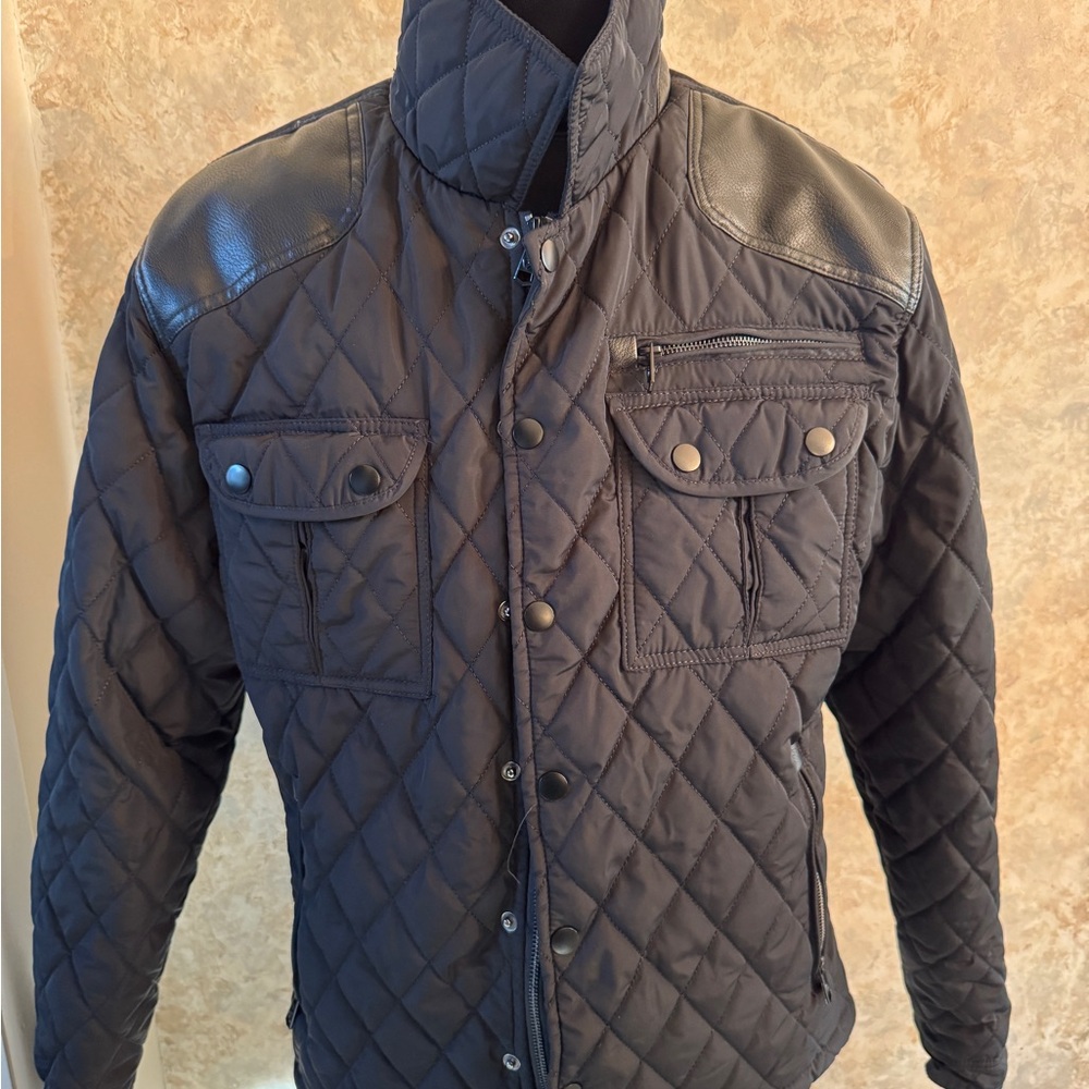 Men's Black Quilted Puffer Jacket with Leather Details